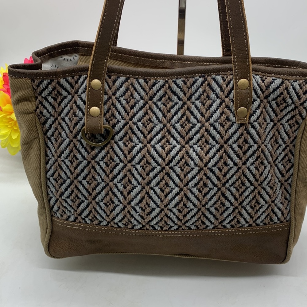 Myra Bag Brown Criss Cross Pattern Shoulder Bag Tote - Picture 2 of 15